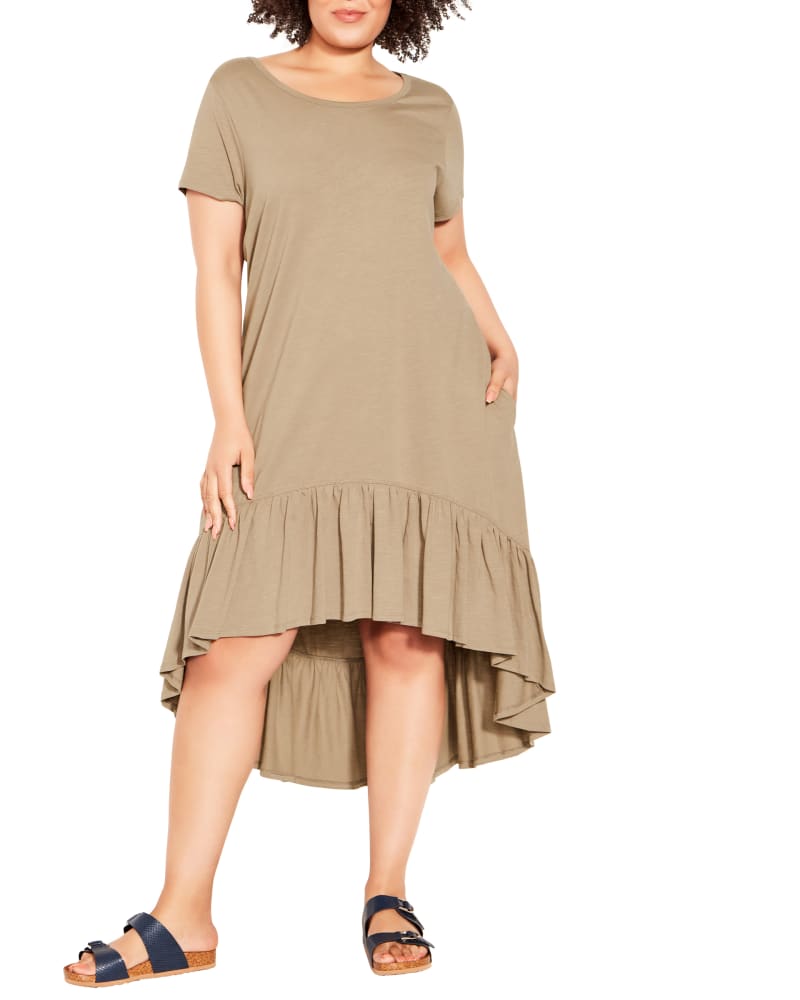 Front of a model wearing a size 14 Ella Ruffle Dress in Brown by Zim & Zoe. | dia_product_style_image_id:209842
